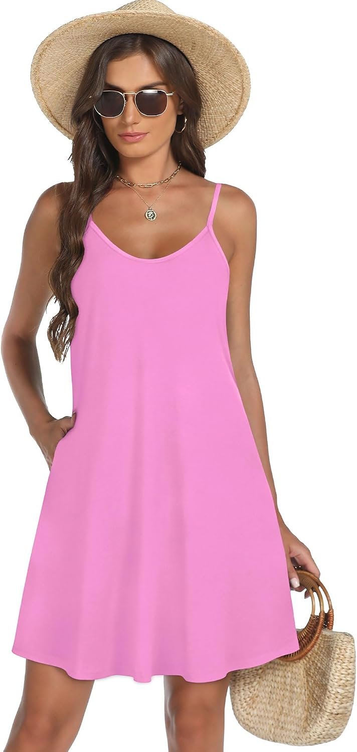 Womens Summer Dresses Spaghetti Strap V Neck Casual Sleeveless Sundress Beach Cover Ups with Pockets 2026 Hot Pink - Image 5