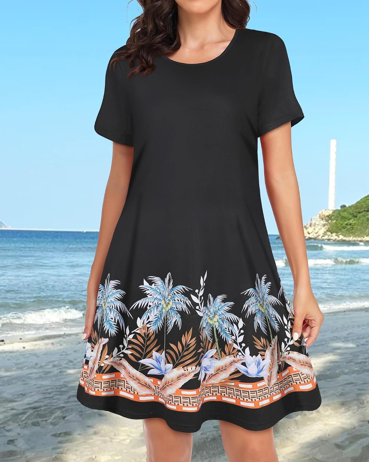 Womens Summer Dresses Beach Casual Loose Tshirt Floral Short Sleeve Flowy Pockets Sundresses 2026 Black Coconut Trees - Image 2