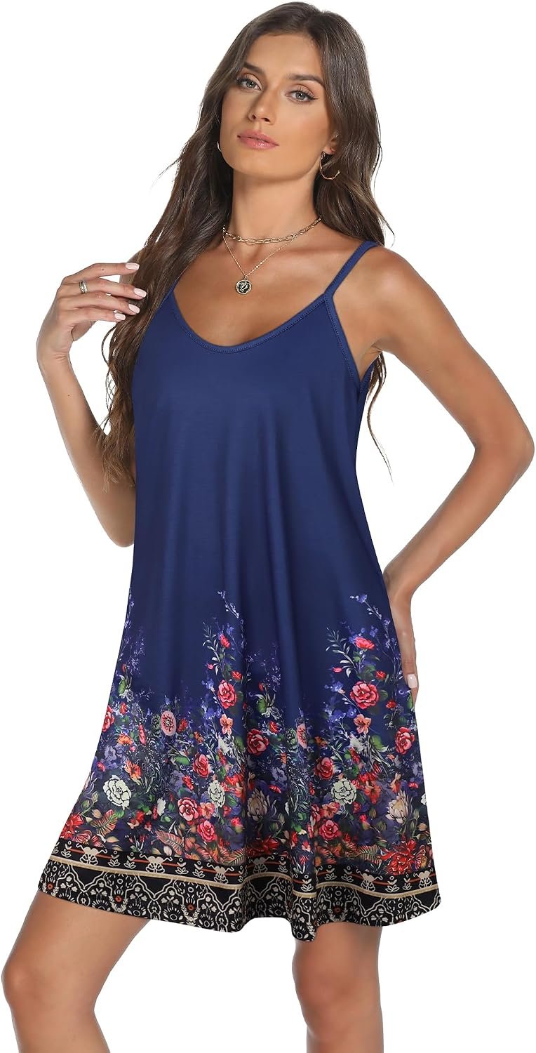 Womens Summer Dresses Spaghetti Strap V Neck Casual Sleeveless Sundress Beach Cover Ups with Pockets 2026 Navy Blue Flower - Image 4