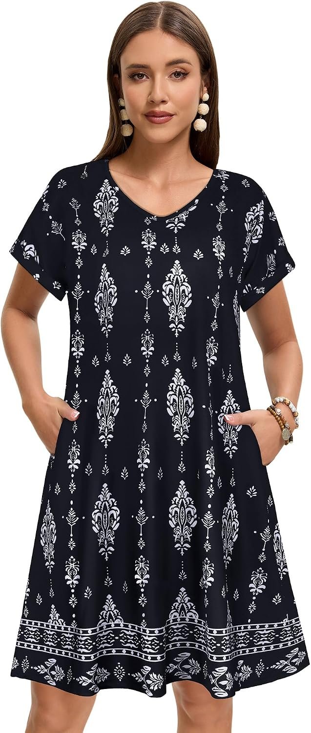 Sundresses for Women Summer Dress with Pockets | 2026 Women V Neck T Shirt Dress, Short Sleeve Loose Dresses, Basic Summer Shirt Dress, Casual Short Dress Black Flower Bohemia - Image 2