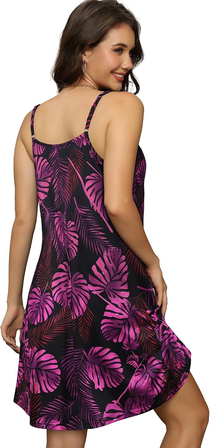 Womens Summer Dresses Spaghetti Strap V Neck Casual Sleeveless Sundress Beach Cover Ups with Pockets 2026 Purple Leaves - Image 6