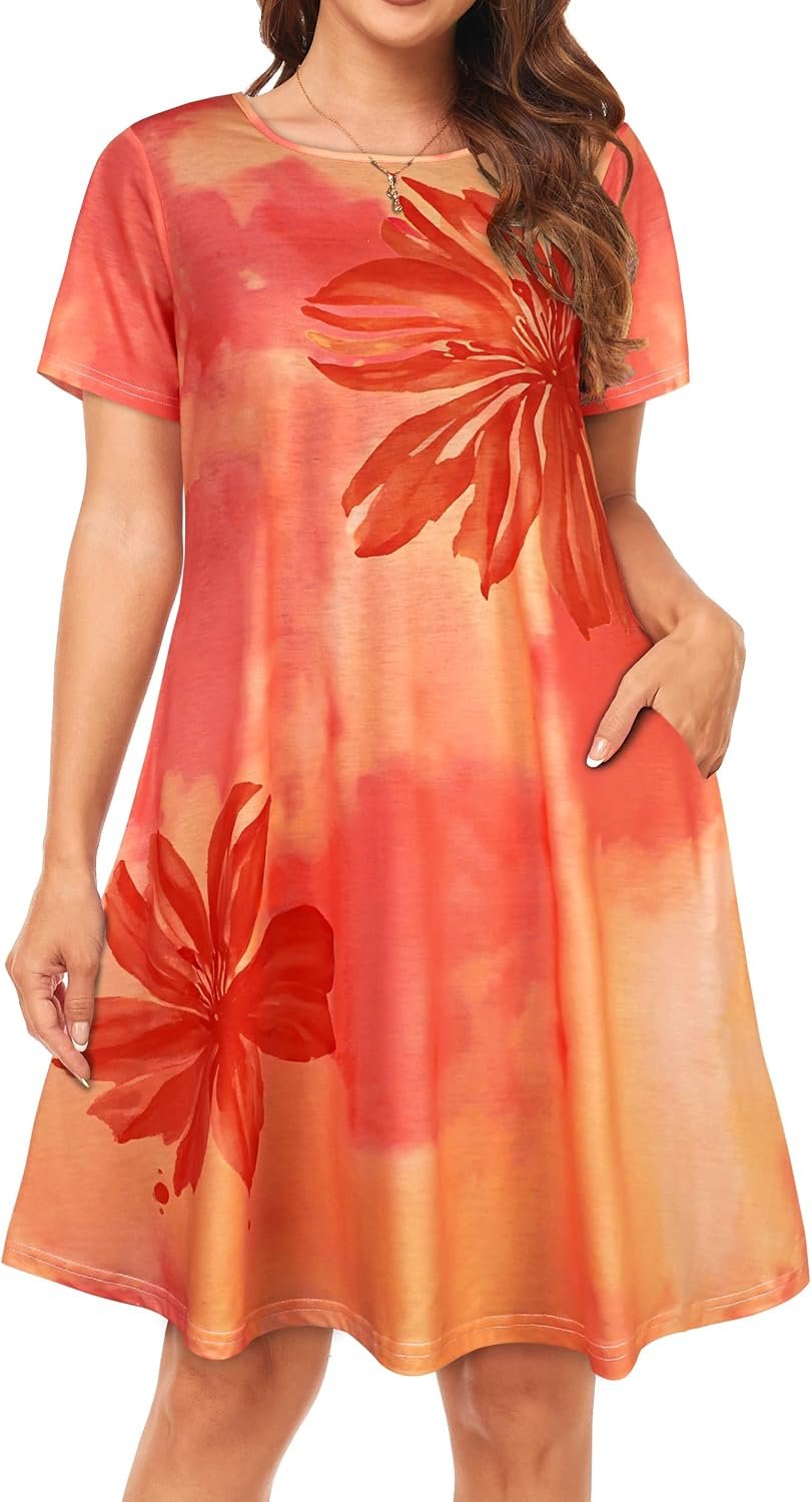 Womens Summer Dresses Beach Casual Loose Tshirt Floral Short Sleeve Flowy Pockets Sundresses 2026 Orange Floral - Image 2