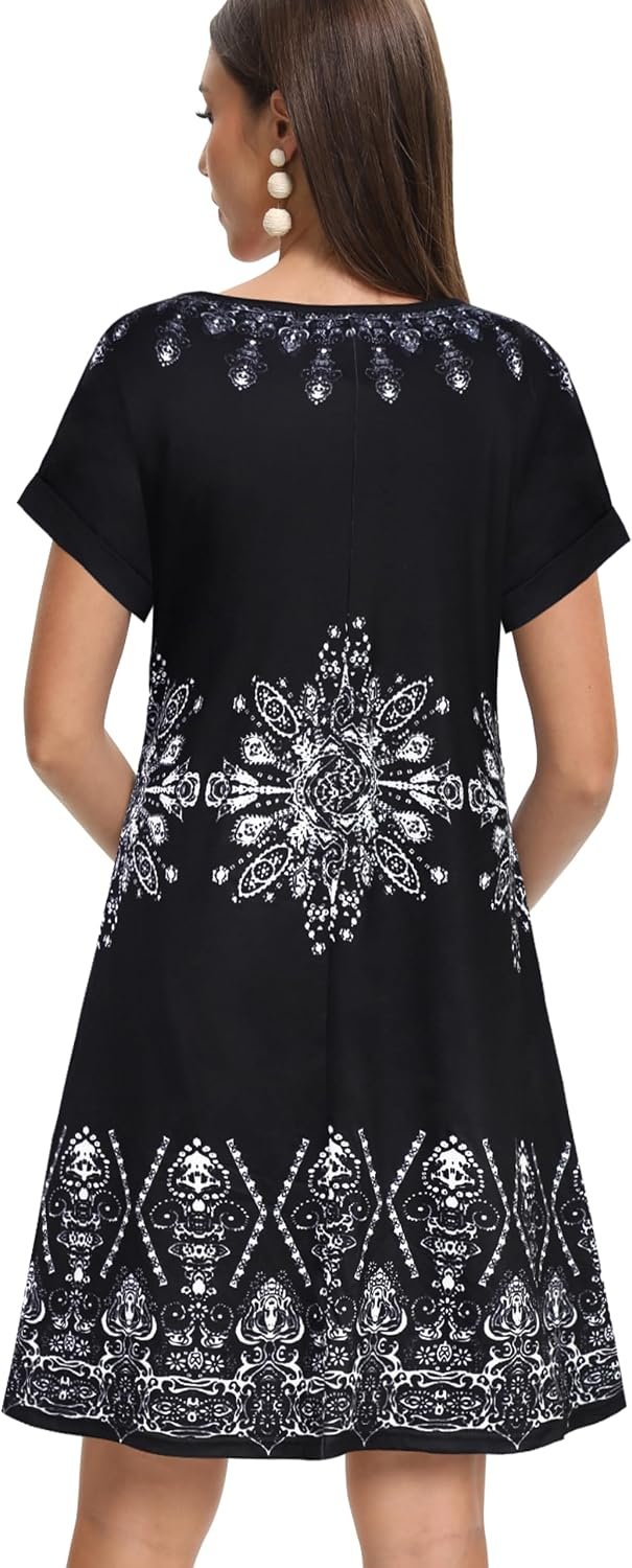 Sundresses for Women Summer Dress with Pockets | 2026 Women V Neck T Shirt Dress, Short Sleeve Loose Dresses, Basic Summer Shirt Dress, Casual Short Dress Black Ice Floral - Image 6