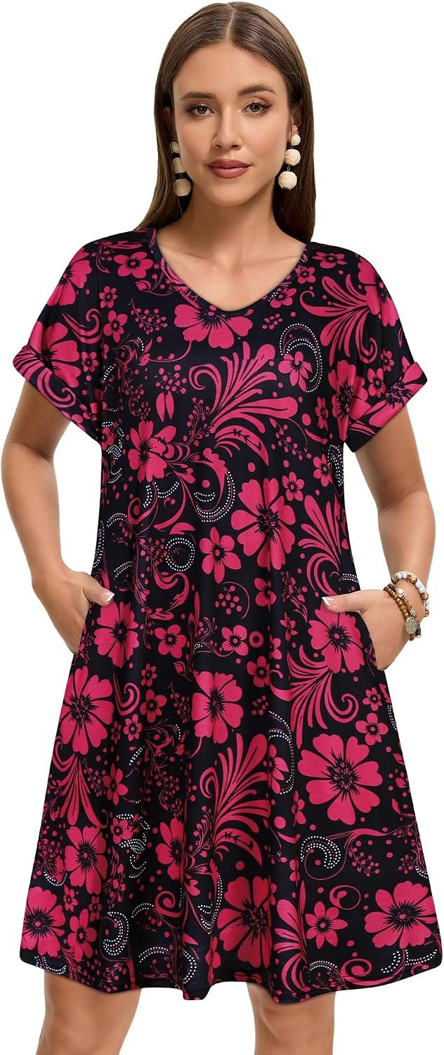 Sundresses for Women Summer Dress with Pockets | 2026 Women V Neck T Shirt Dress, Short Sleeve Loose Dresses, Basic Summer Shirt Dress, Casual Short Dress Red Floral - Image 2