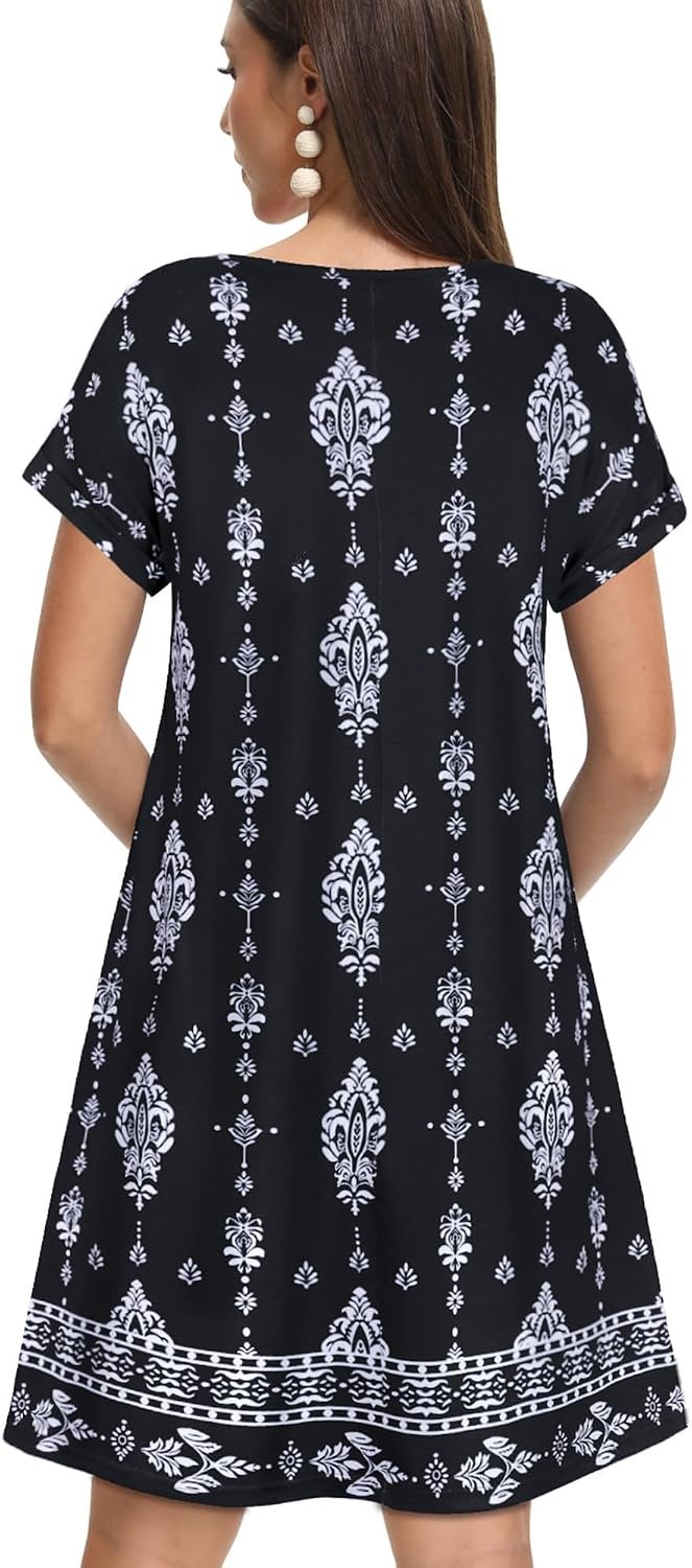 Sundresses for Women Summer Dress with Pockets | 2026 Women V Neck T Shirt Dress, Short Sleeve Loose Dresses, Basic Summer Shirt Dress, Casual Short Dress Black Flower Bohemia - Image 6
