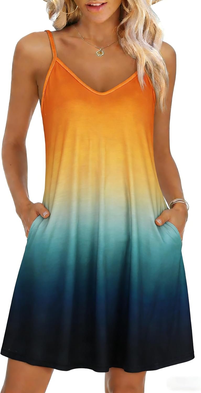 Womens Summer Dresses Spaghetti Strap V Neck Casual Sleeveless Sundress Beach Cover Ups with Pockets 2026 Orange Blue - Image 2