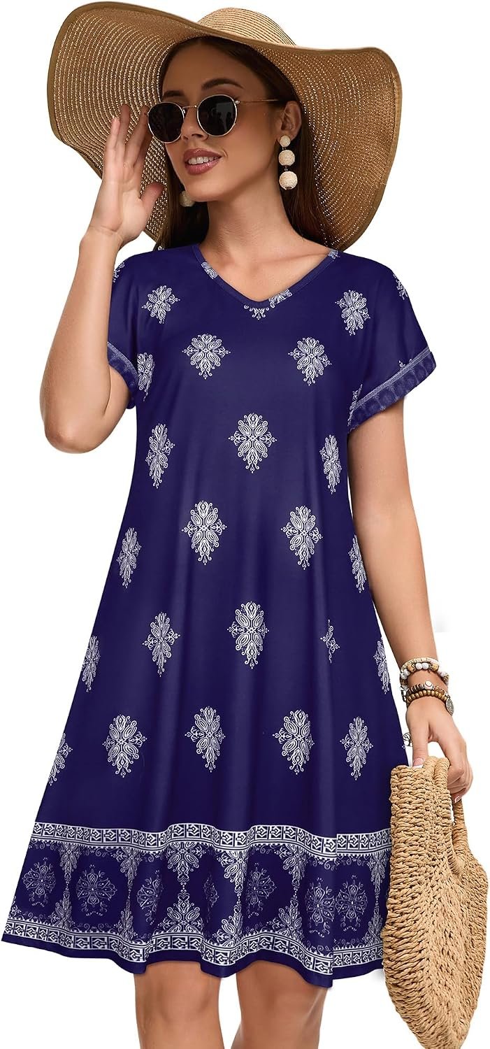 Sundresses for Women Summer Dress with Pockets | 2026 Women V Neck T Shirt Dress, Short Sleeve Loose Dresses, Basic Summer Shirt Dress, Casual Short Dress Blue Boho - Image 4
