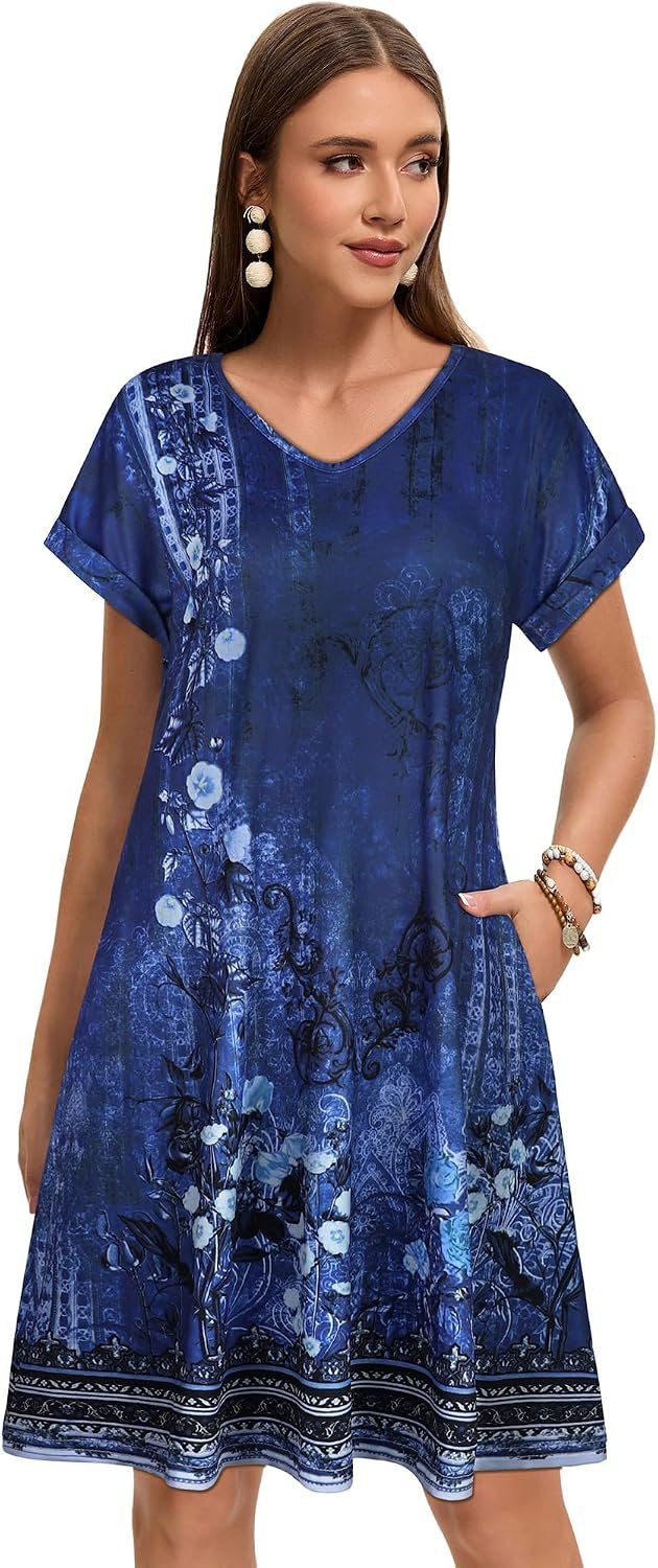Sundresses for Women Summer Dress with Pockets | 2026 Women V Neck T Shirt Dress, Short Sleeve Loose Dresses, Basic Summer Shirt Dress, Casual Short Dress Deep Blue Floral - Image 3