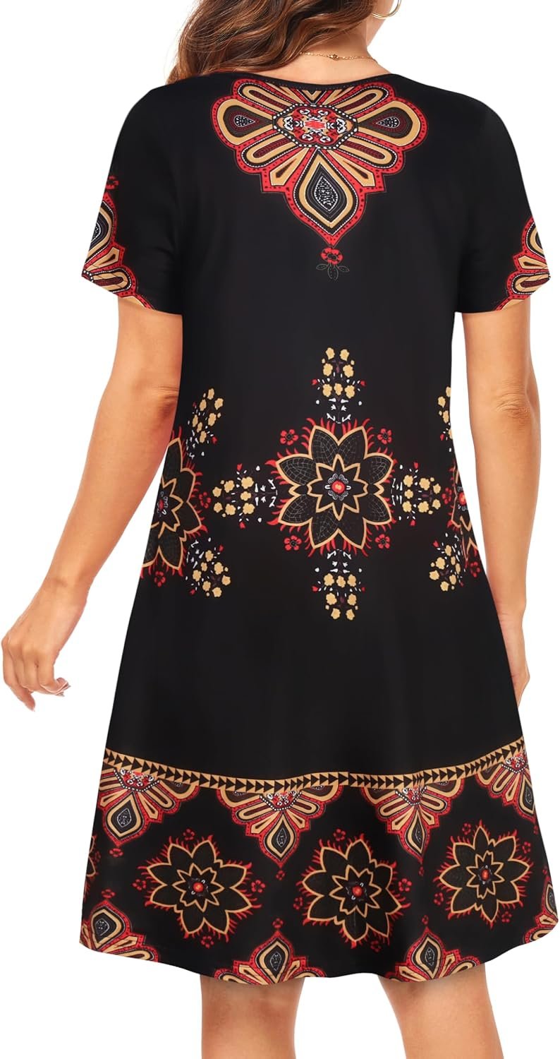 Womens Summer Dresses Beach Casual Loose Tshirt Floral Short Sleeve Flowy Pockets Sundresses 2026 Black Red Boho - Image 5