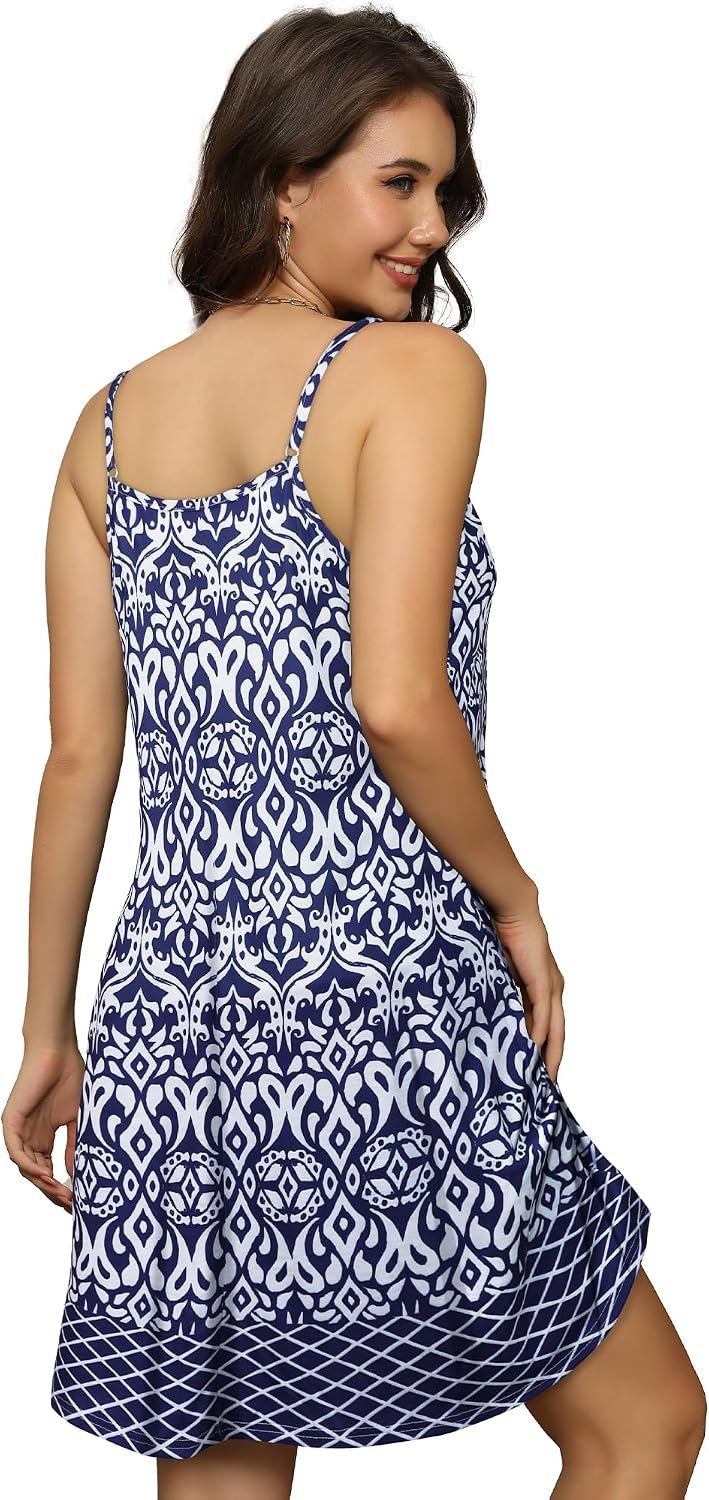 Womens Summer Dresses Spaghetti Strap V Neck Casual Sleeveless Sundress Beach Cover Ups with Pockets 2026 White Blue Boho - Image 5