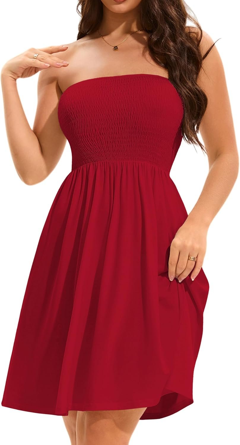 Summer Dresses for Women 2026 Strapless Casual Beach Cover Ups Tube Top Sundress B Red - Image 3