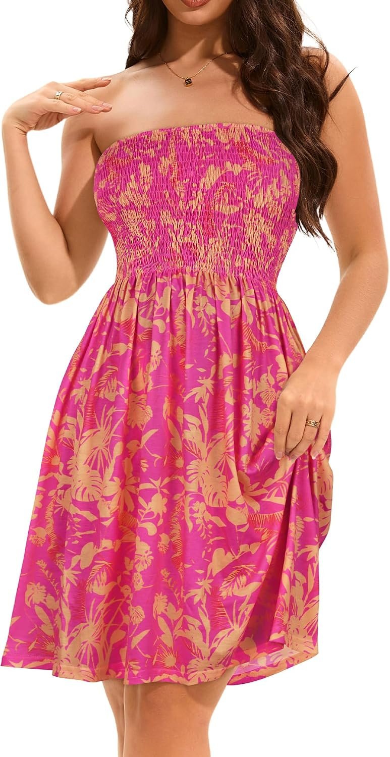 Summer Dresses for Women 2026 Strapless Casual Beach Cover Ups Tube Top Sundress Red Yellow Floral - Image 3