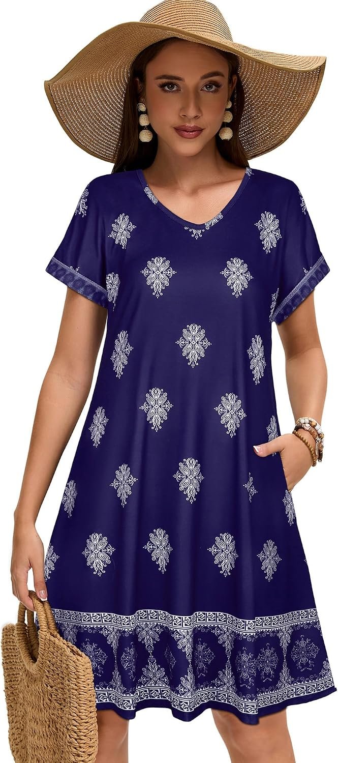 Sundresses for Women Summer Dress with Pockets | 2026 Women V Neck T Shirt Dress, Short Sleeve Loose Dresses, Basic Summer Shirt Dress, Casual Short Dress Blue Boho - Image 5