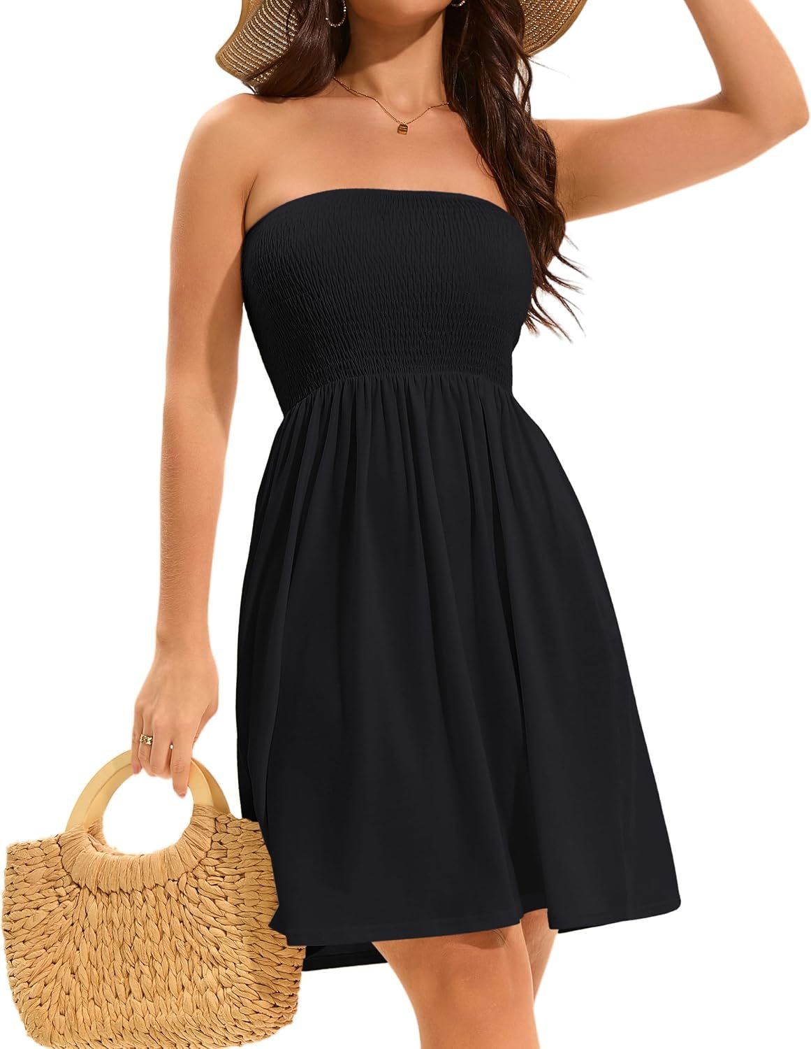 Summer Dresses for Women 2026 Strapless Casual Beach Cover Ups Tube Top Sundress A Black - Image 5