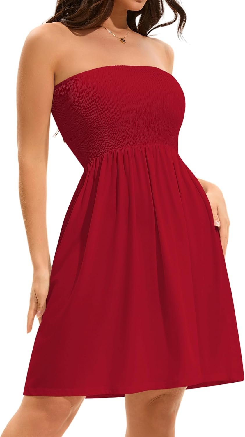 Summer Dresses for Women 2026 Strapless Casual Beach Cover Ups Tube Top Sundress B Red - Image 4