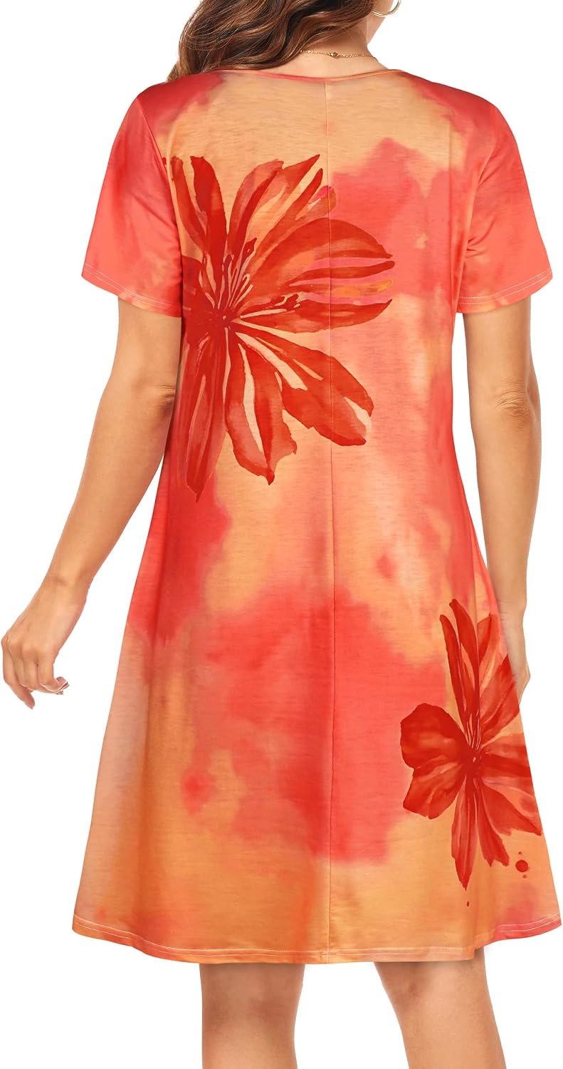 Womens Summer Dresses Beach Casual Loose Tshirt Floral Short Sleeve Flowy Pockets Sundresses 2026 Orange Floral - Image 5