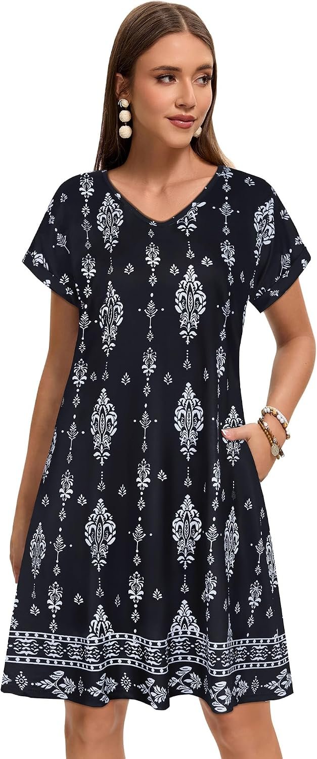 Sundresses for Women Summer Dress with Pockets | 2026 Women V Neck T Shirt Dress, Short Sleeve Loose Dresses, Basic Summer Shirt Dress, Casual Short Dress Black Flower Bohemia - Image 3