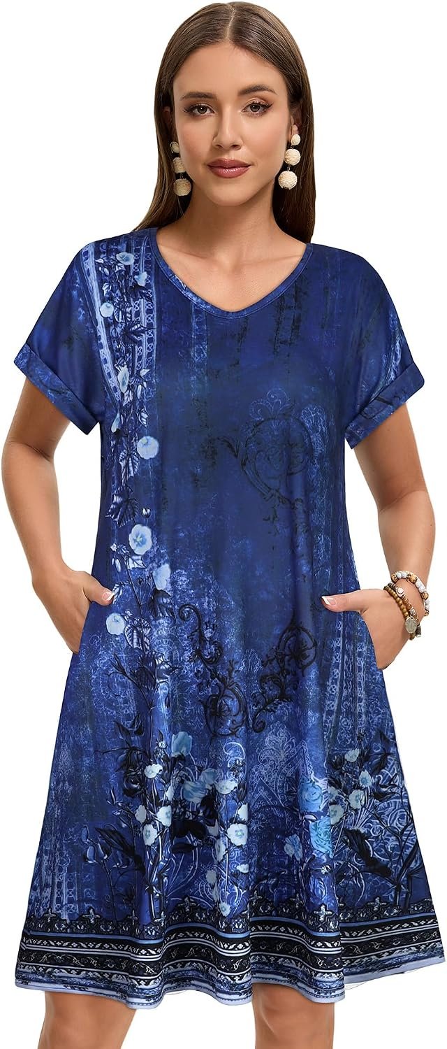 Sundresses for Women Summer Dress with Pockets | 2026 Women V Neck T Shirt Dress, Short Sleeve Loose Dresses, Basic Summer Shirt Dress, Casual Short Dress Deep Blue Floral - Image 2