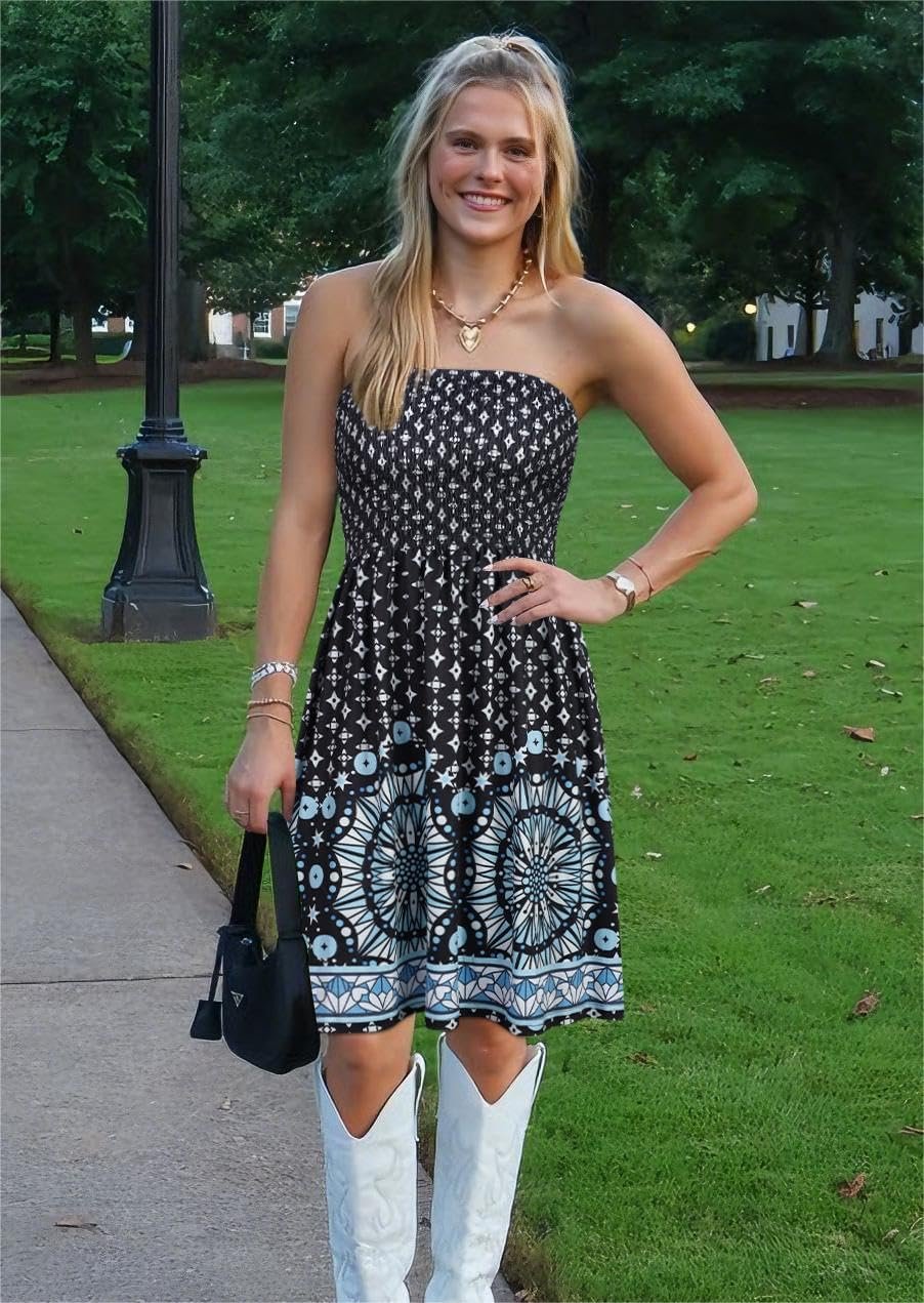 Summer Dresses for Women 2026 Strapless Casual Beach Cover Ups Tube Top Sundress Black Blue Boho - Image 2