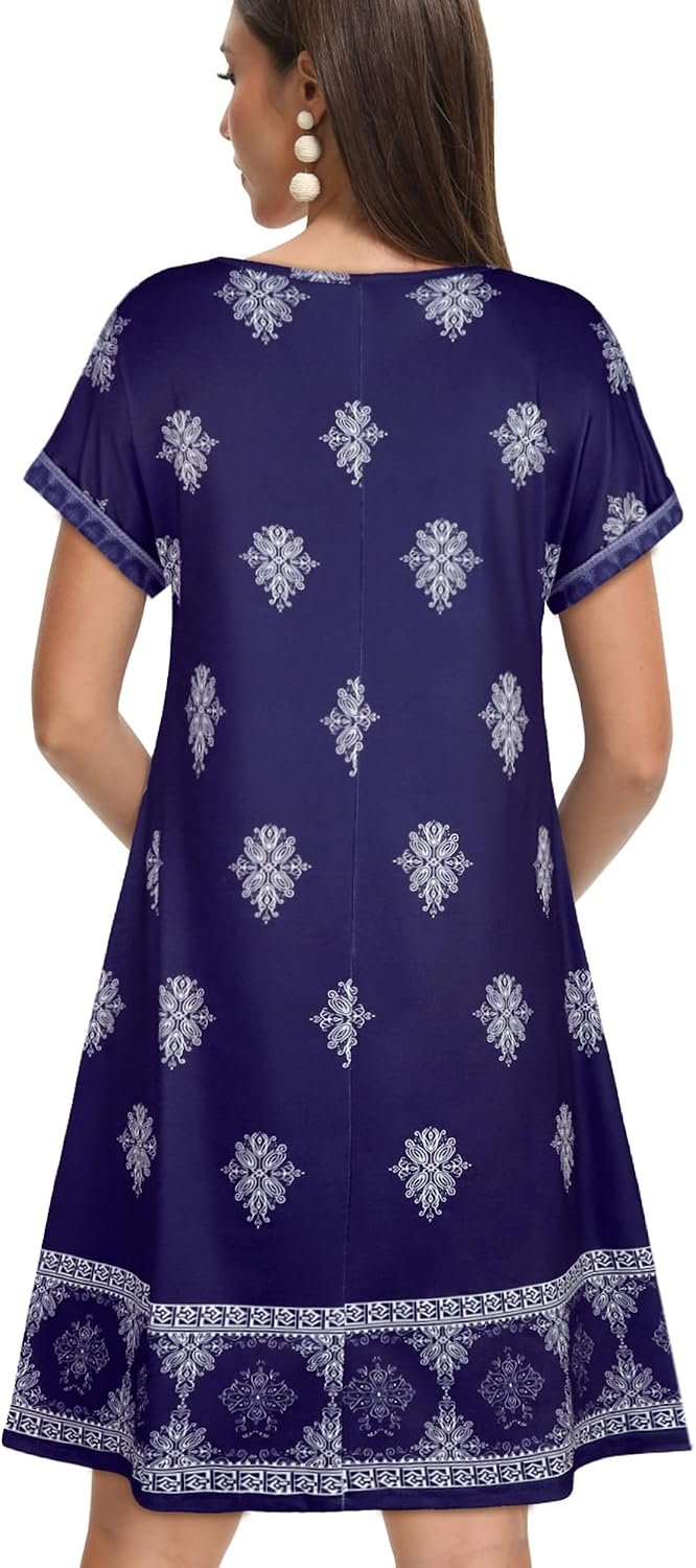 Sundresses for Women Summer Dress with Pockets | 2026 Women V Neck T Shirt Dress, Short Sleeve Loose Dresses, Basic Summer Shirt Dress, Casual Short Dress Blue Boho - Image 6