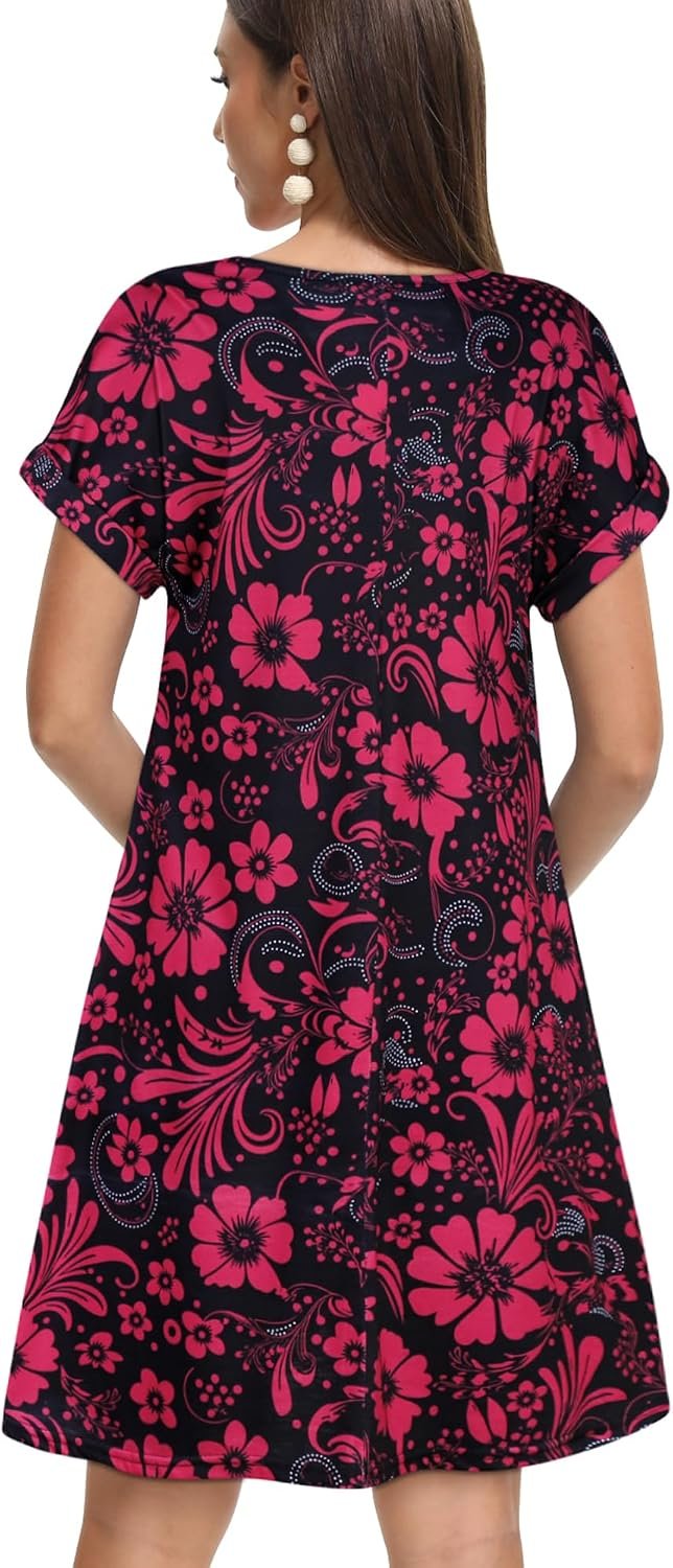 Sundresses for Women Summer Dress with Pockets | 2026 Women V Neck T Shirt Dress, Short Sleeve Loose Dresses, Basic Summer Shirt Dress, Casual Short Dress Red Floral - Image 6
