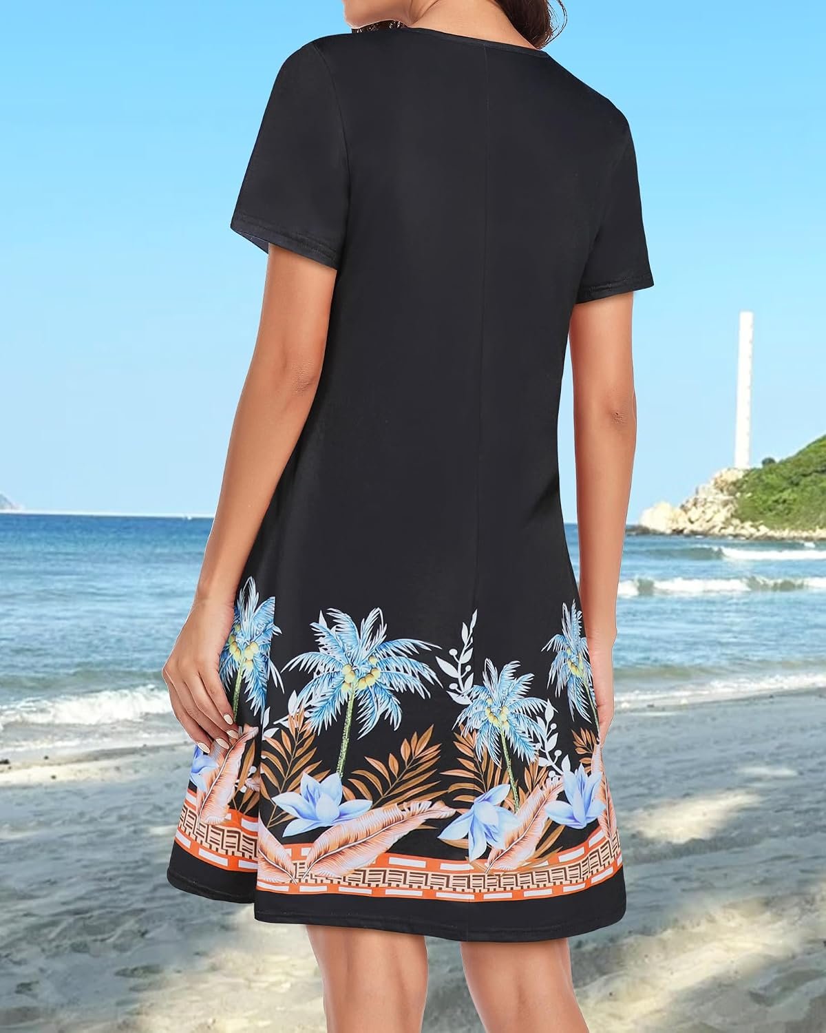 Womens Summer Dresses Beach Casual Loose Tshirt Floral Short Sleeve Flowy Pockets Sundresses 2026 Black Coconut Trees - Image 5