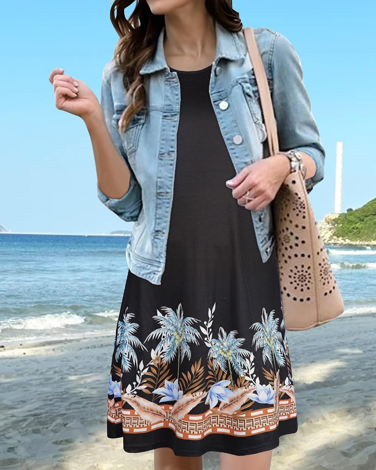 Womens Summer Dresses Beach Casual Loose Tshirt Floral Short Sleeve Flowy Pockets Sundresses 2026 Black Coconut Trees - Image 4