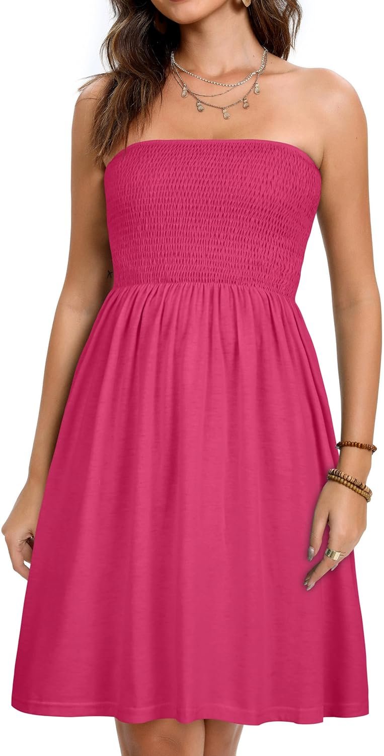 Summer Dresses for Women 2026 Strapless Casual Beach Cover Ups Tube Top Sundress B Rose - Image 3
