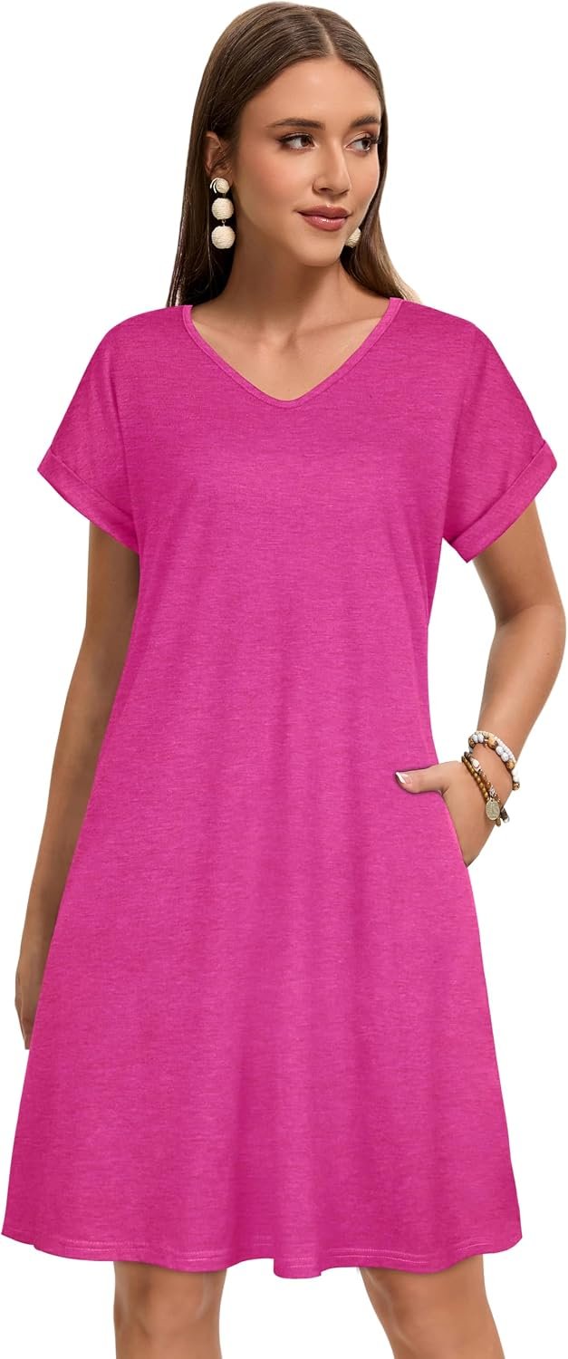 Sundresses for Women Summer Dress with Pockets | 2026 Women V Neck T Shirt Dress, Short Sleeve Loose Dresses, Basic Summer Shirt Dress, Casual Short Dress Rose - Image 4