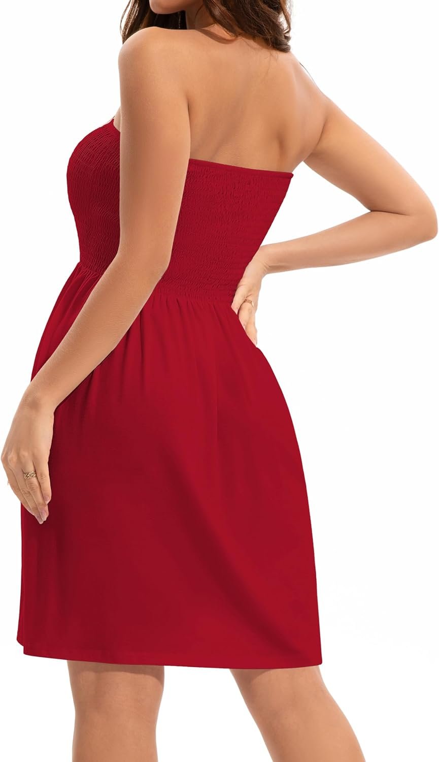 Summer Dresses for Women 2026 Strapless Casual Beach Cover Ups Tube Top Sundress B Red - Image 6