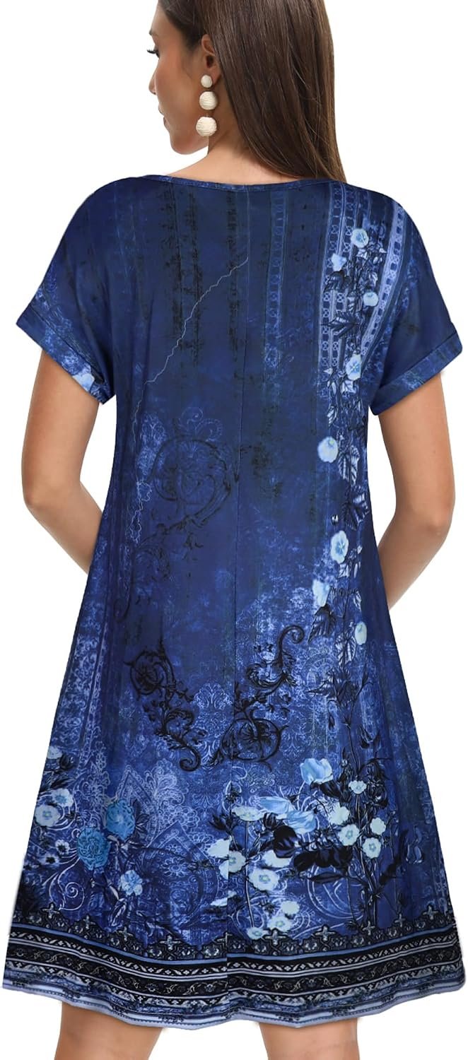 Sundresses for Women Summer Dress with Pockets | 2026 Women V Neck T Shirt Dress, Short Sleeve Loose Dresses, Basic Summer Shirt Dress, Casual Short Dress Deep Blue Floral - Image 6