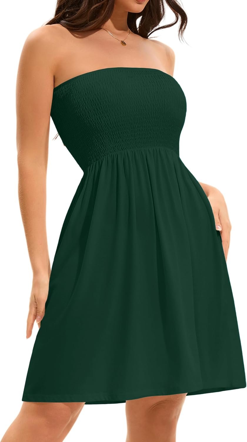 Summer Dresses for Women 2026 Strapless Casual Beach Cover Ups Tube Top Sundress Green - Image 3