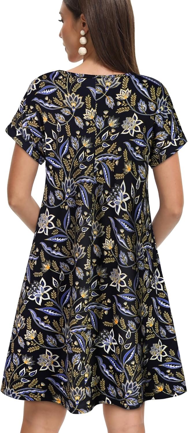 Sundresses for Women Summer Dress with Pockets | 2026 Women V Neck T Shirt Dress, Short Sleeve Loose Dresses, Basic Summer Shirt Dress, Casual Short Dress Black Yellow Floral - Image 6