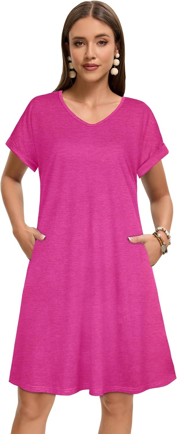 Sundresses for Women Summer Dress with Pockets | 2026 Women V Neck T Shirt Dress, Short Sleeve Loose Dresses, Basic Summer Shirt Dress, Casual Short Dress Rose - Image 3