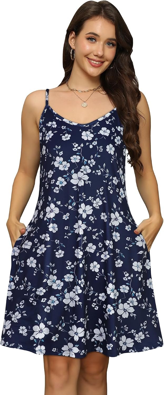 Womens Summer Dresses Spaghetti Strap V Neck Casual Sleeveless Sundress Beach Cover Ups with Pockets 2026 Blue White Flower - Image 2