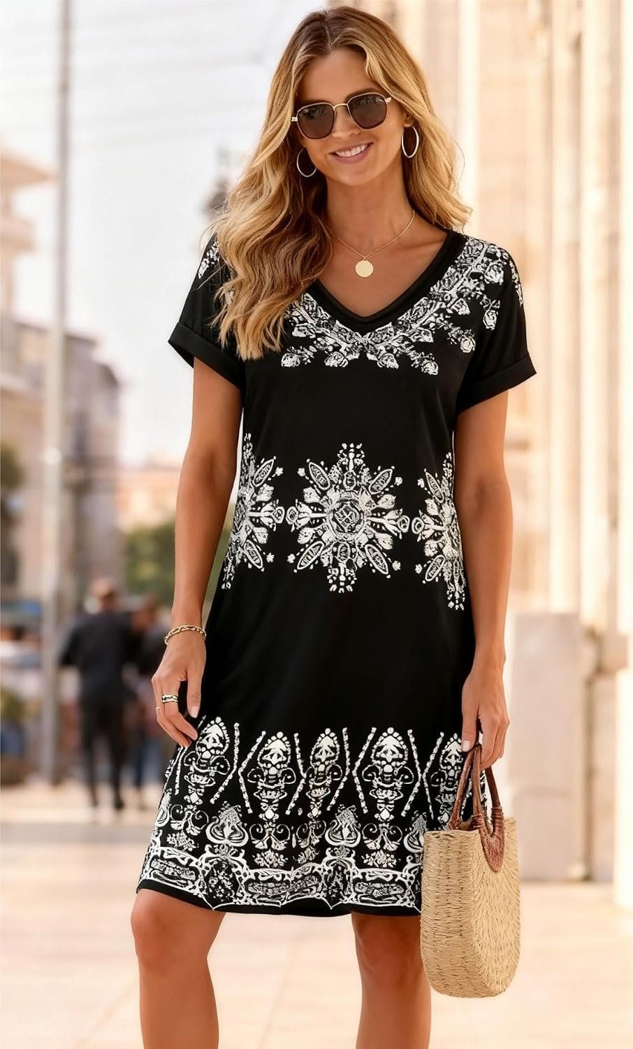 Sundresses for Women Summer Dress with Pockets | 2026 Women V Neck T Shirt Dress, Short Sleeve Loose Dresses, Basic Summer Shirt Dress, Casual Short Dress Black Ice Floral - Image 2