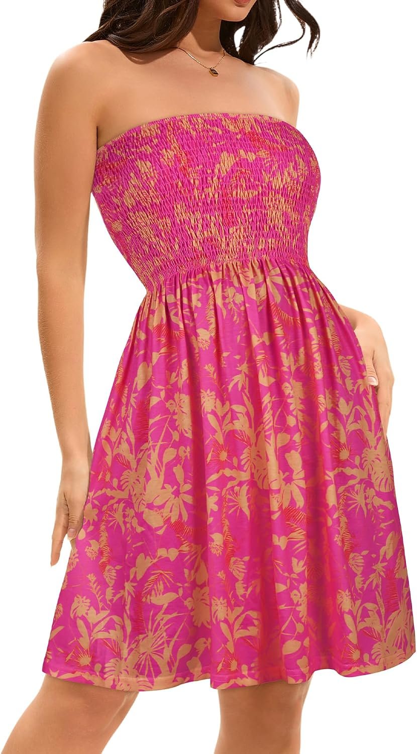 Summer Dresses for Women 2026 Strapless Casual Beach Cover Ups Tube Top Sundress Red Yellow Floral - Image 4