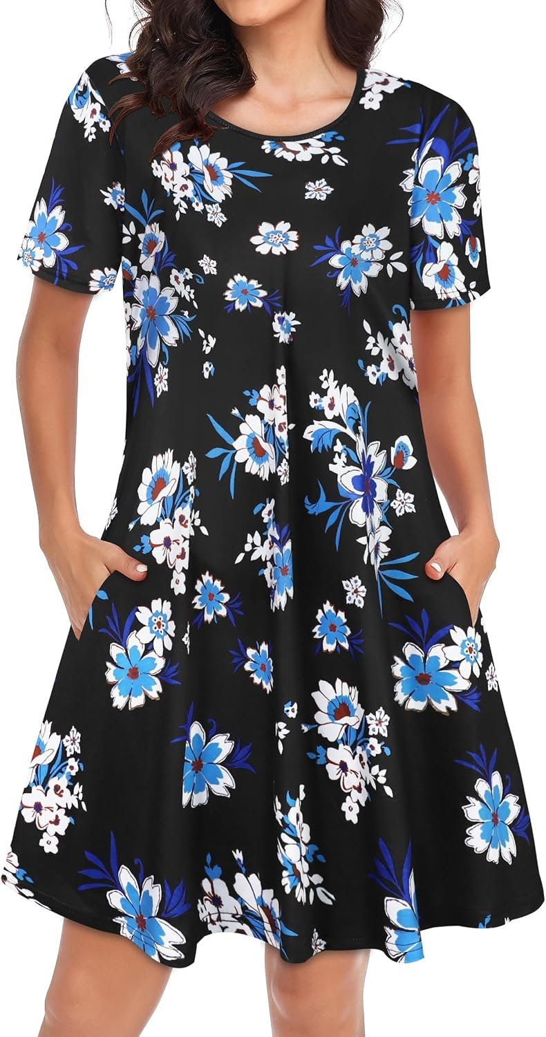 Womens Summer Dresses Beach Casual Loose Tshirt Floral Short Sleeve Flowy Pockets Sundresses 2026 Z Black Blue Floral - Image 2