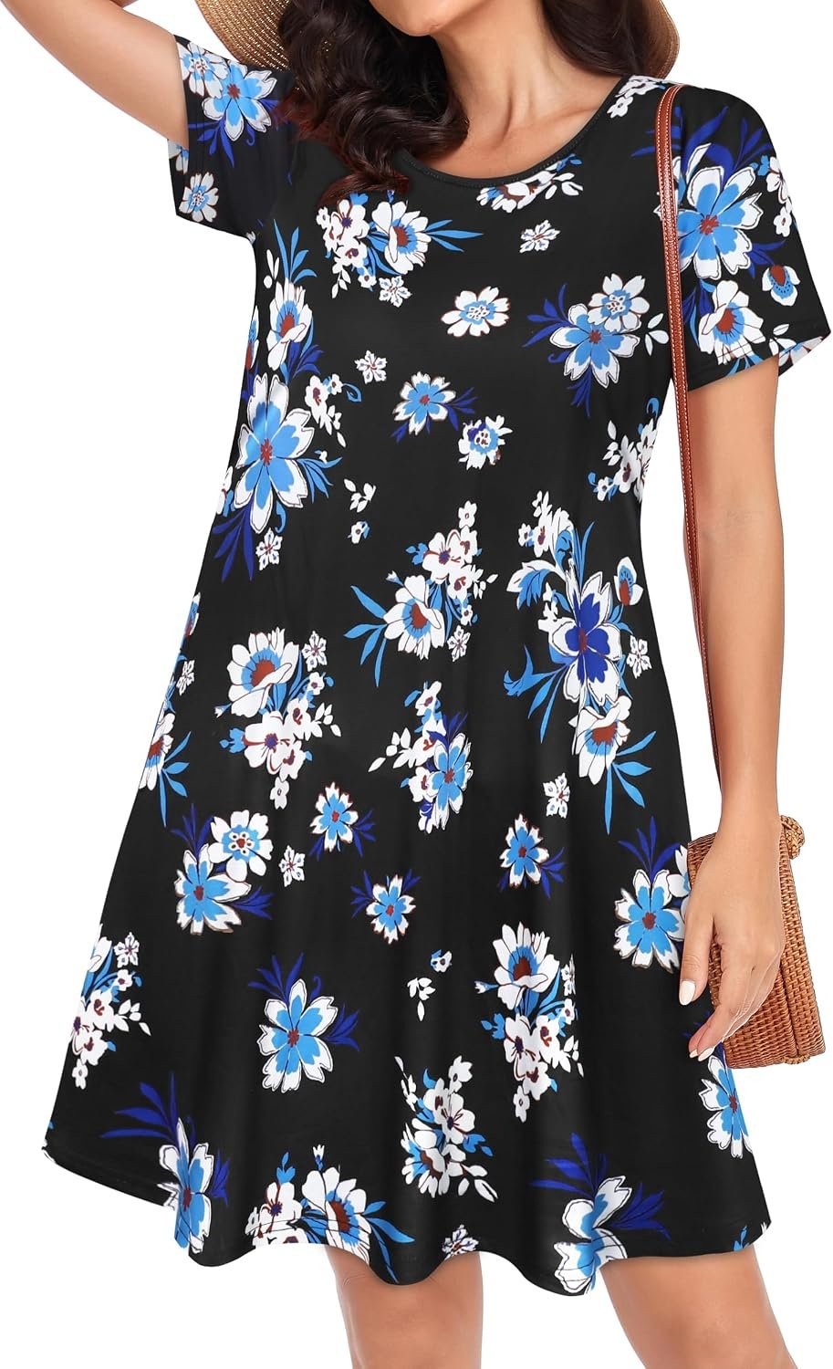 Womens Summer Dresses Beach Casual Loose Tshirt Floral Short Sleeve Flowy Pockets Sundresses 2026 Z Black Blue Floral - Image 5