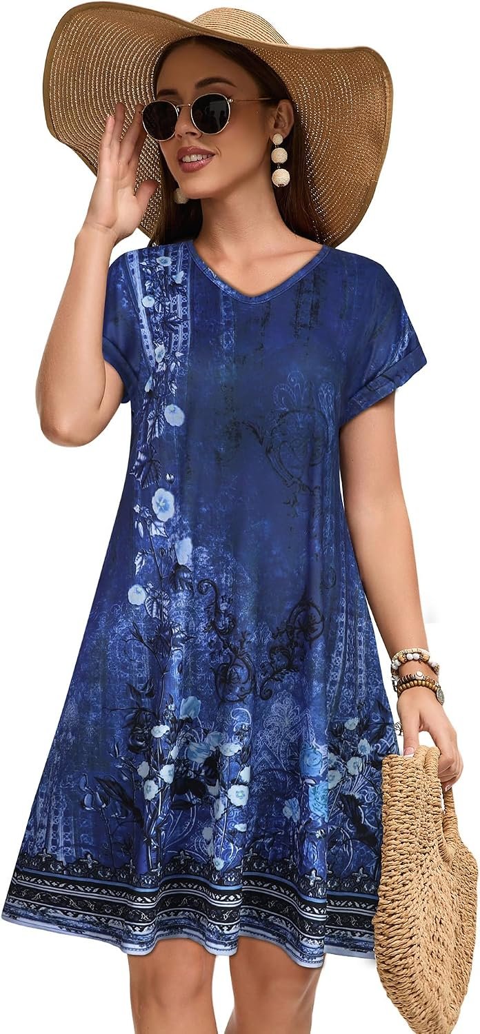 Sundresses for Women Summer Dress with Pockets | 2026 Women V Neck T Shirt Dress, Short Sleeve Loose Dresses, Basic Summer Shirt Dress, Casual Short Dress Deep Blue Floral - Image 4