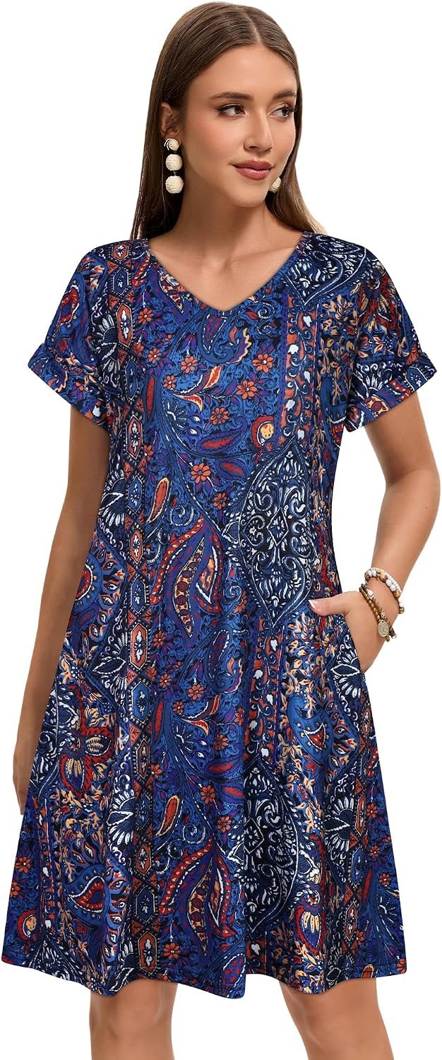 Sundresses for Women Summer Dress with Pockets | 2026 Women V Neck T Shirt Dress, Short Sleeve Loose Dresses, Basic Summer Shirt Dress, Casual Short Dress Purple Blue Bohemia - Image 3