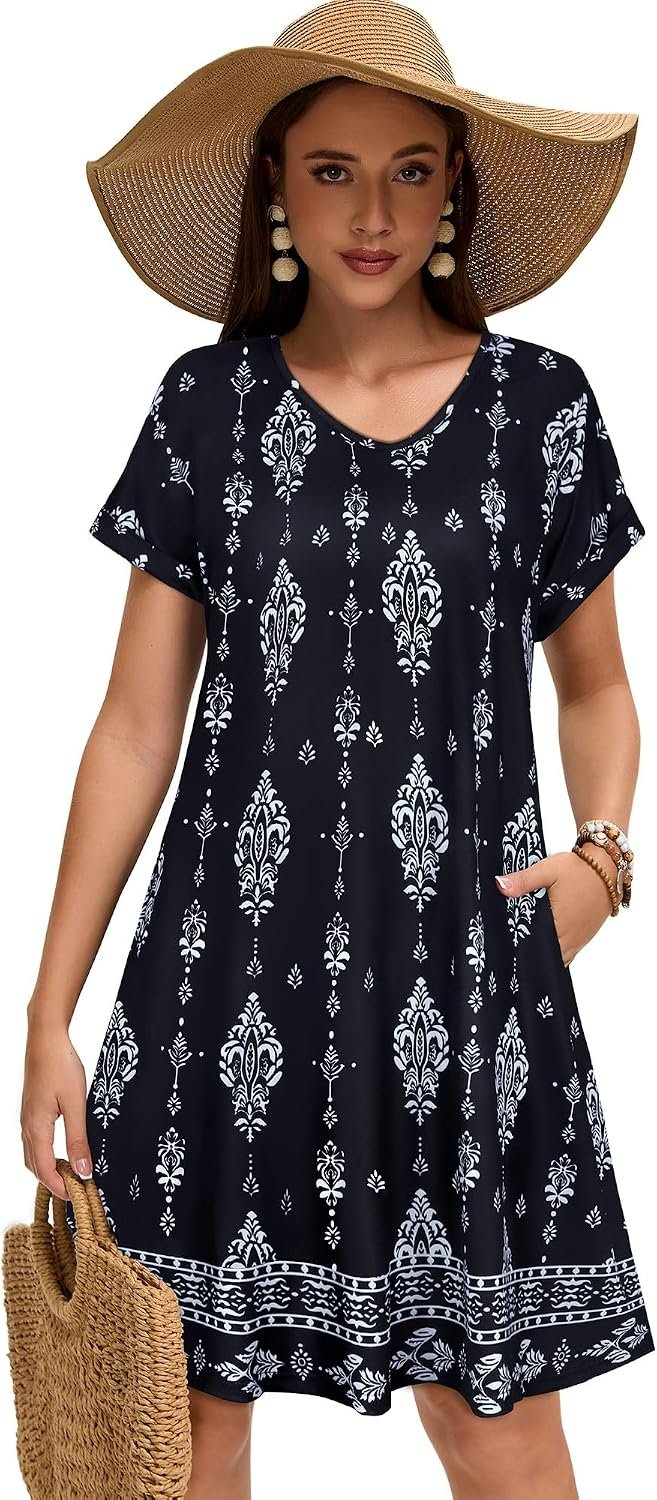 Sundresses for Women Summer Dress with Pockets | 2026 Women V Neck T Shirt Dress, Short Sleeve Loose Dresses, Basic Summer Shirt Dress, Casual Short Dress Black Flower Bohemia - Image 4