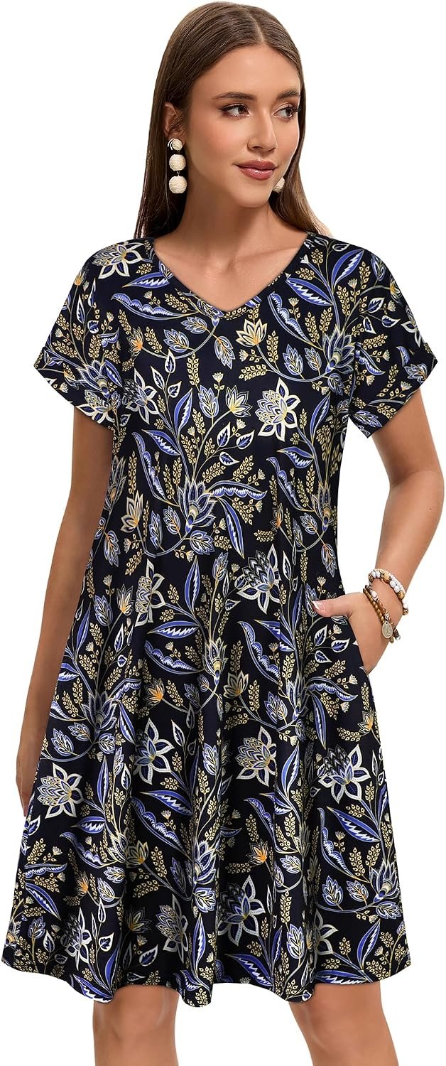 Sundresses for Women Summer Dress with Pockets | 2026 Women V Neck T Shirt Dress, Short Sleeve Loose Dresses, Basic Summer Shirt Dress, Casual Short Dress Black Yellow Floral - Image 3
