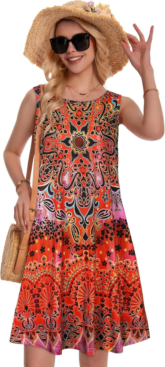 Summer Dresses for Women Beach Boho Sleeveless Vintage Floral Flowy Pocket Tshirt Tank Sundresses 2026 Red Boho - Image 2
