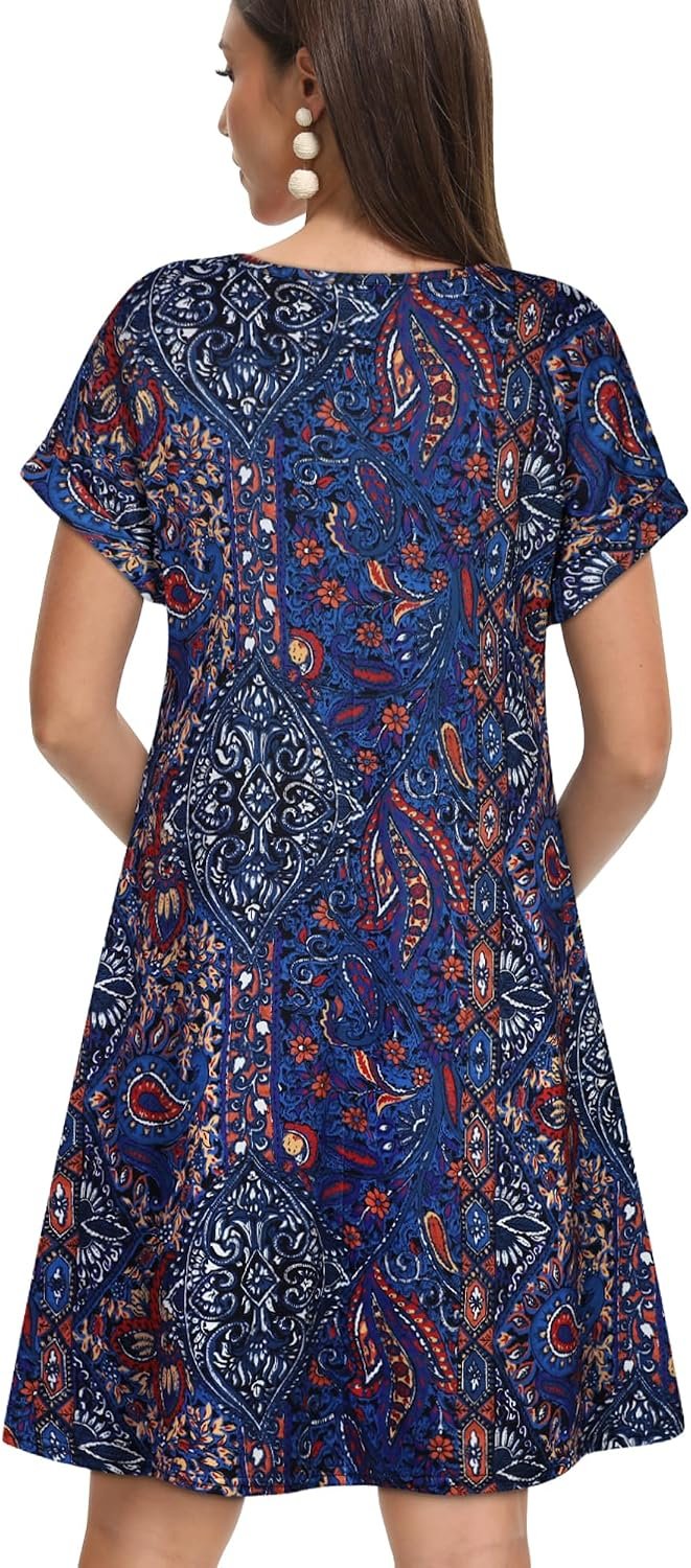 Sundresses for Women Summer Dress with Pockets | 2026 Women V Neck T Shirt Dress, Short Sleeve Loose Dresses, Basic Summer Shirt Dress, Casual Short Dress Purple Blue Bohemia - Image 6