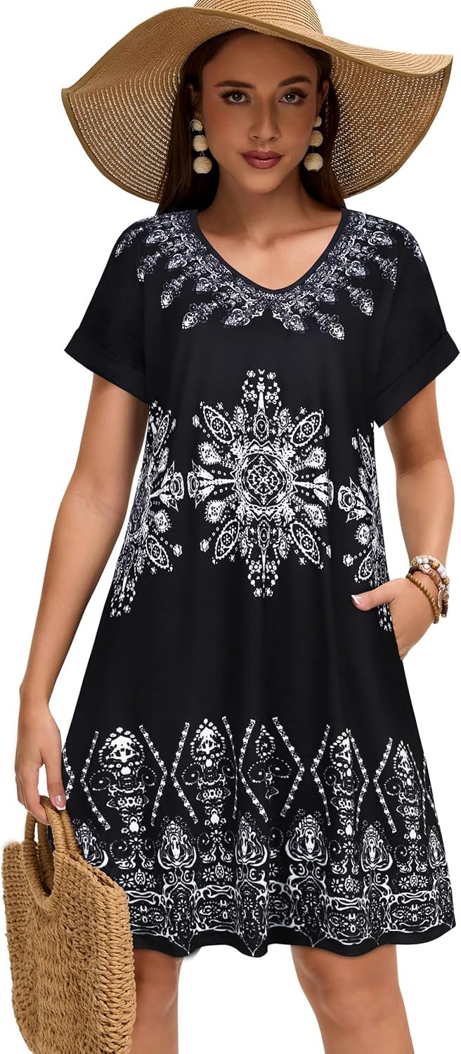 Sundresses for Women Summer Dress with Pockets | 2026 Women V Neck T Shirt Dress, Short Sleeve Loose Dresses, Basic Summer Shirt Dress, Casual Short Dress Black Ice Floral - Image 5