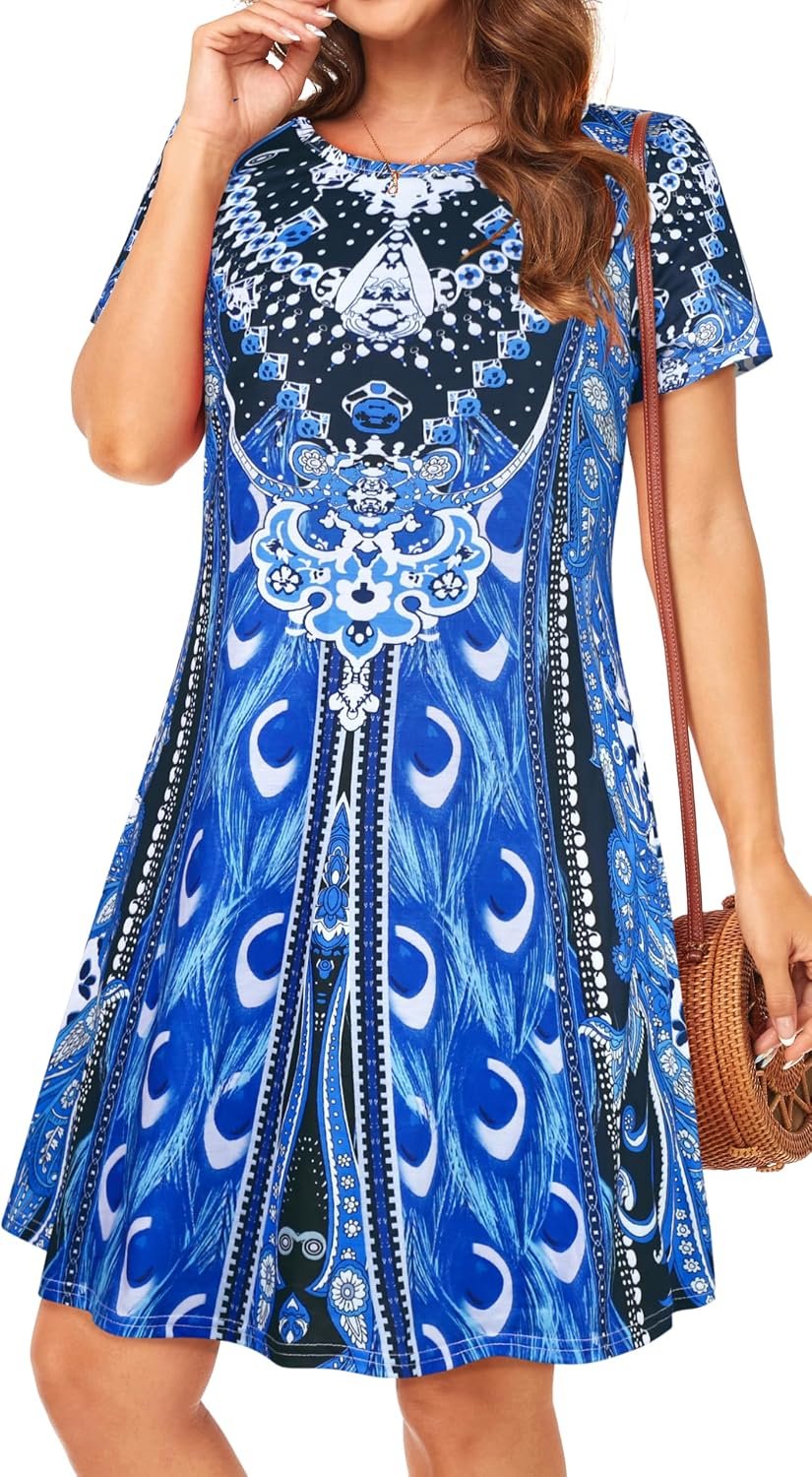 Womens Summer Dresses Beach Casual Loose Tshirt Floral Short Sleeve Flowy Pockets Sundresses 2026 Blue Boho - Image 4