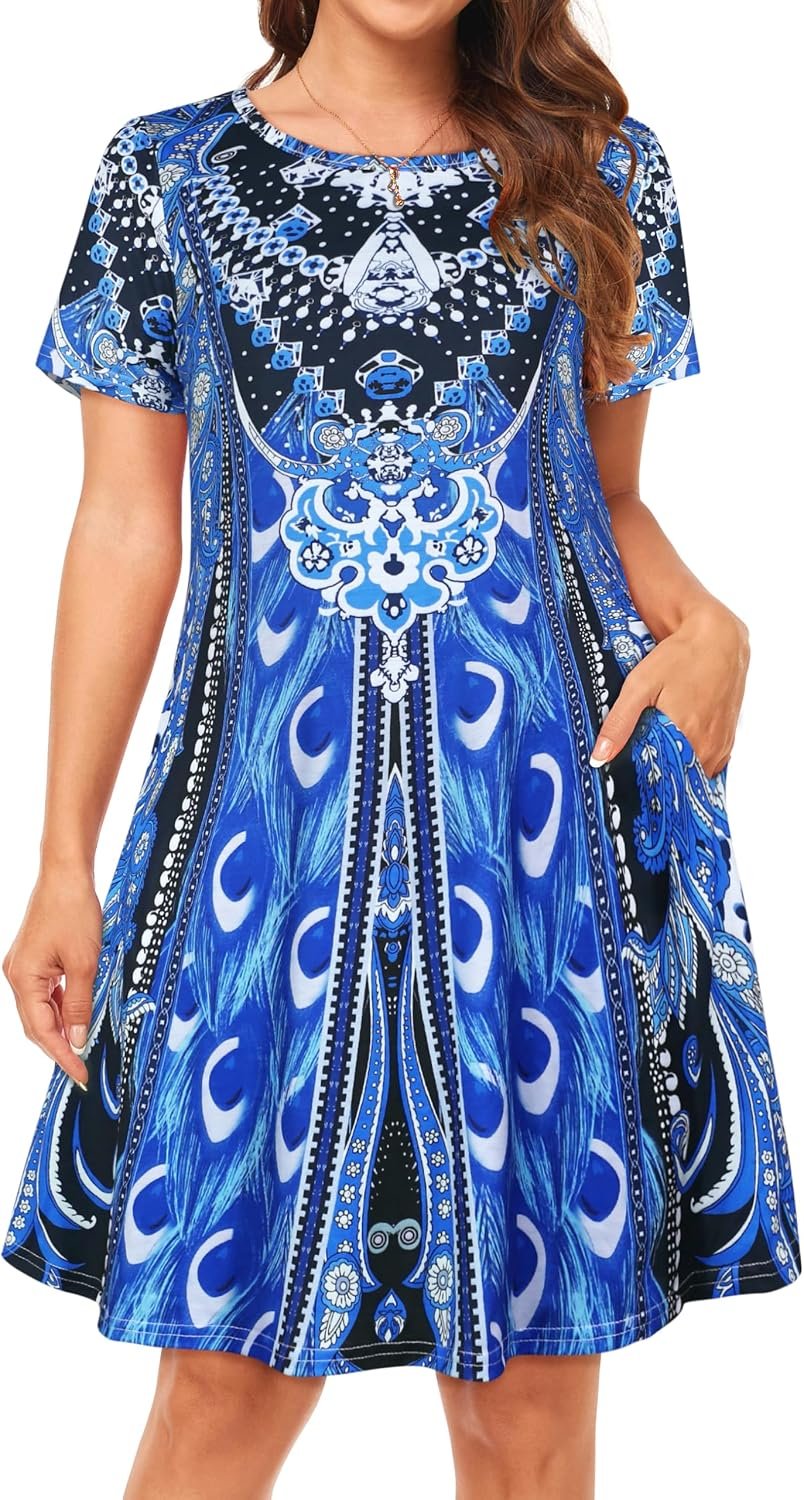 Womens Summer Dresses Beach Casual Loose Tshirt Floral Short Sleeve Flowy Pockets Sundresses 2026 Blue Boho - Image 3