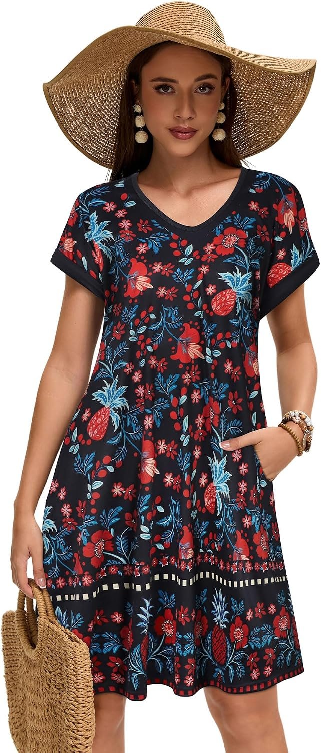 Sundresses for Women Summer Dress with Pockets | 2026 Women V Neck T Shirt Dress, Short Sleeve Loose Dresses, Basic Summer Shirt Dress, Casual Short Dress Black Red Floral - Image 4