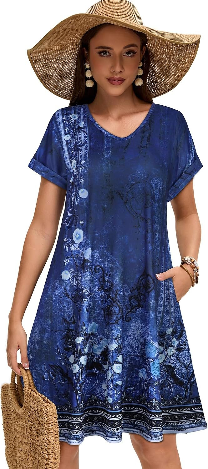 Sundresses for Women Summer Dress with Pockets | 2026 Women V Neck T Shirt Dress, Short Sleeve Loose Dresses, Basic Summer Shirt Dress, Casual Short Dress Deep Blue Floral - Image 5
